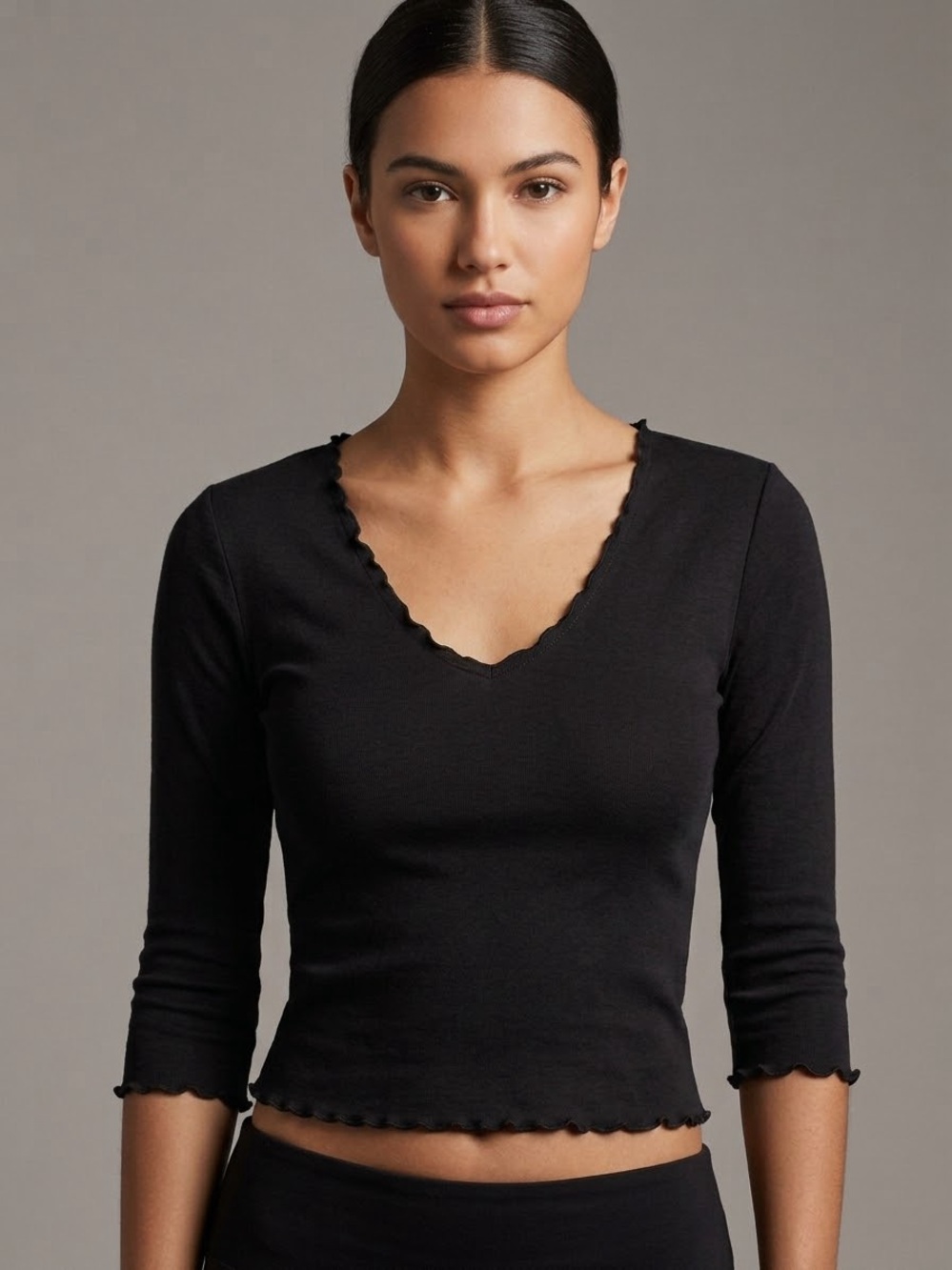 Intimately Free People Black Scalloped V-Neck 3/4 Sleeve Top
